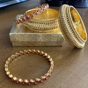 Set of 4 Gold-plated Indian Bangles, 2 with Ruby CZ